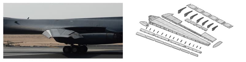 B-1の主翼前縁と後縁の高揚力装置（左：B-1B、右：B-1A）