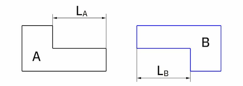 2個のL型部品の左右方向の接触イメージ（上側）：寸法と公差