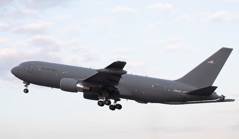 A Boeing KC-46A Pegasus takes off at Yokota Air Base, Japan, Oct. 25, 2018, during a system evaluation. This is the first time the KC-46A visited Japan. The flight is to support an initial evaluation by the USAF of the KC-46A's integrated mission system suite as well as its ability to conduct worldwide navigation, communication and operation. (U.S. Air Force photo by Yasuo Osakabe)